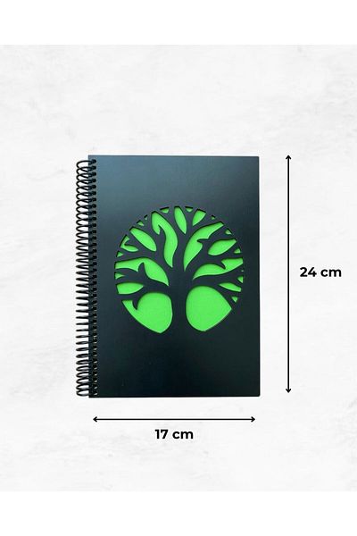 Tasarım Siyah Defter Black Leaf Notebook with Tree Figure and Wooden Cover – Handmade Design for Memory, Diary, Poetry