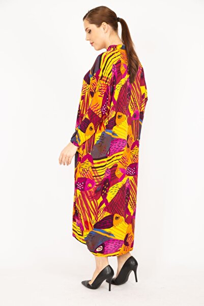 Şans Γυναικείο φόρεμα με κουμπιά 65n35965 μπροστινό μπροστινό μήκος φούξια υφασμένο ύφασμα βισκόζης