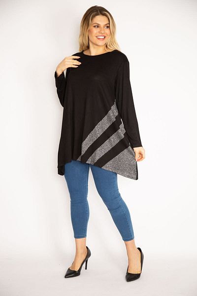 Şans Women's Large Size Black Glitter Detailed Tunic 65n35186