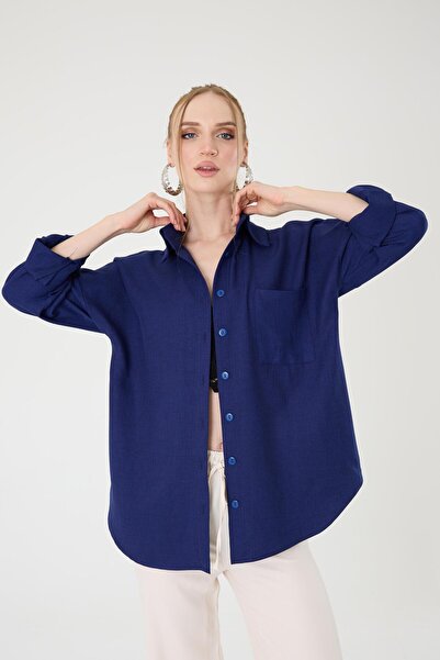 Hazel Tek Cepli Oversize Keten Gömlek- Lacivert