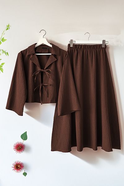 MODAQU Double Breasted Collar Kimono Skirt Suit - Brown