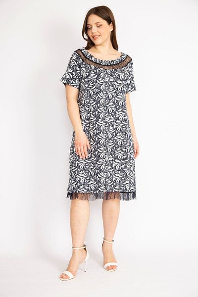Şans Γυναικείο Navy Blue Large Size Γιακάς και Μύτη Φούστας Τούλι Λεπτομερής Ελαστικός Γιακάς Φόρεμα 65n36285