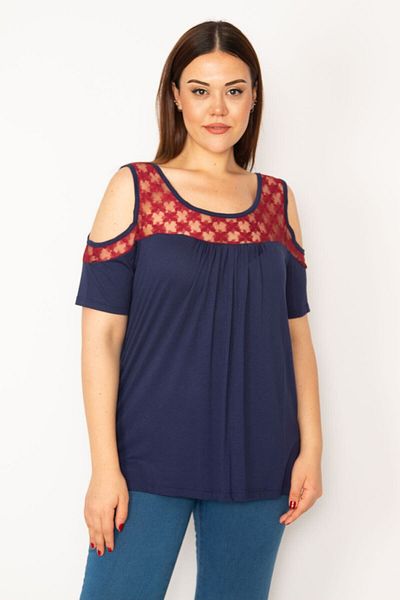 Şans Women's Large Size Navy Blue Lace Detailed Off-Shoulder Blouse 65n33235
