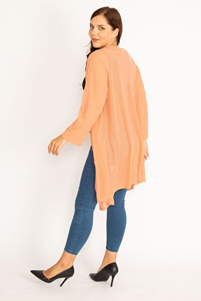 Şans Women's Large Size Orange Loose Collar Cardigan 65n34778