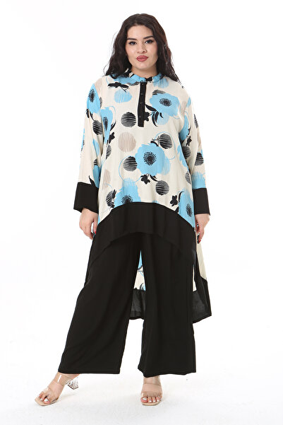 Şans Kadın Büyük Beden Siyah Ön Pat Düğmeli Arkası Uzun Bluz Ve Pantolon İkil...