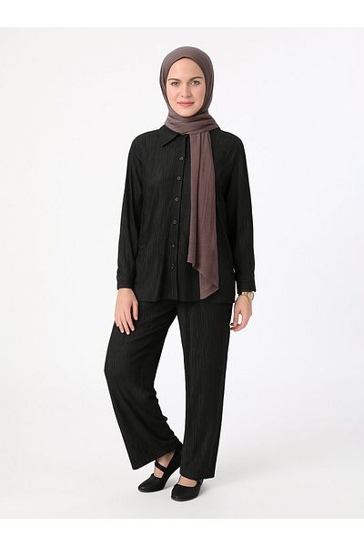 Refka Button Detailed Trousers & Shirt Double Set - Black- Refka