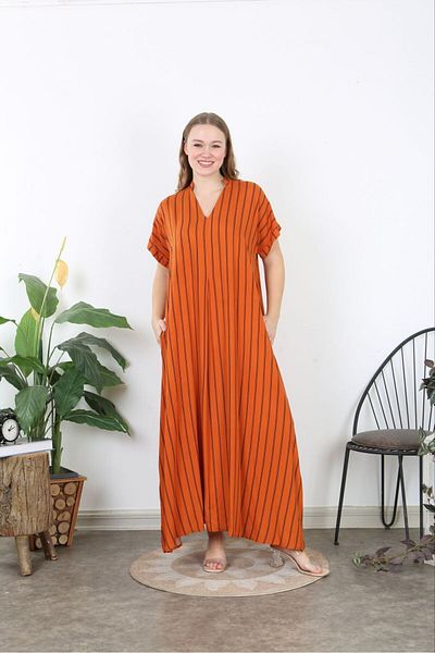 Şans Orange Viscose V-Neck Stripe Long Dress - Plus Size 65N38739