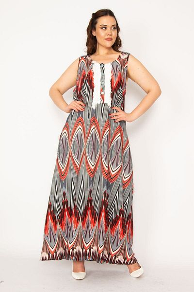 Şans Women's Large Size Gray Front Patchwork Button and Lace Detailed Javanese Viscose Dress 65n33208