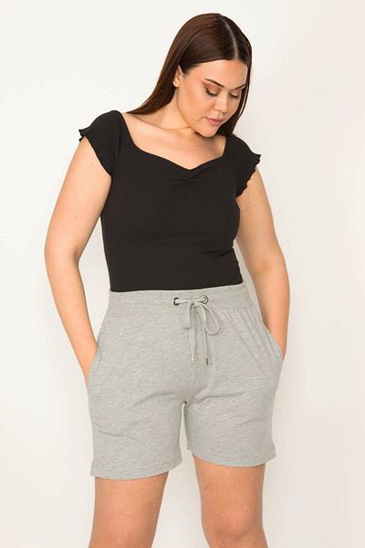 Şans Women's Large Size Gray Cotton Fabric Eyelet Detailed Waist Elastic Pocket Shorts 65n32350