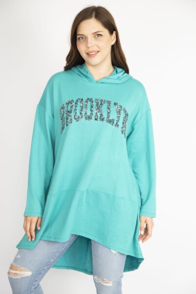 Şans Dámská zelená velká flitrová mikina s kapucí a dlouhým zadním dílem 65n36430