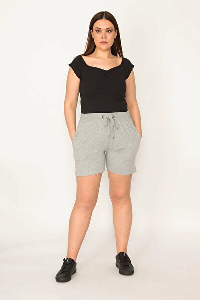 Şans Women's Large Size Gray Cotton Fabric Eyelet Detailed Waist Elastic Pocket Shorts 65n32350