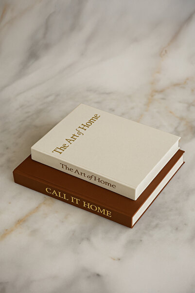 peony studio Kumaş Kaplı 2'li Dekoratif Kitap Kutu Keten Kahverengi, Keten Beyaz, Gold yazılı