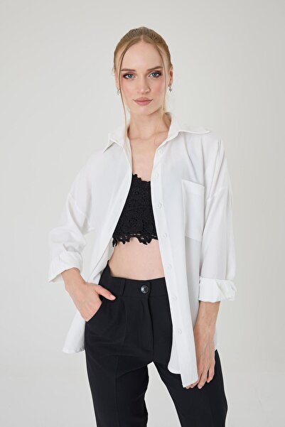 Hazel Tek Cepli Oversize Keten Gömlek- Beyaz