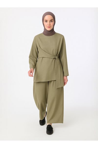 Refka Tunic Trousers with Binding Detail Double Set - Khaki - Refka