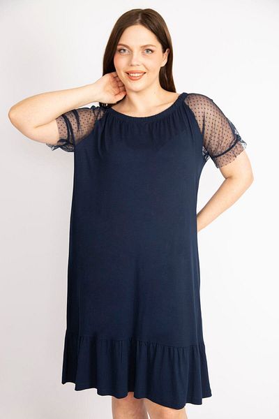 Şans Women's Navy Blue Large Size Sleeves Tulle Collar Rubber Detailed Skirt Tip Layered Dress 65n36289