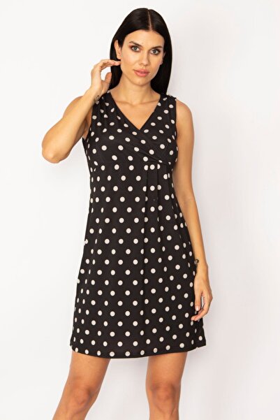 Şans Tekstil Dámské černé šaty se zavinutým límcem se vzorem 85n6037