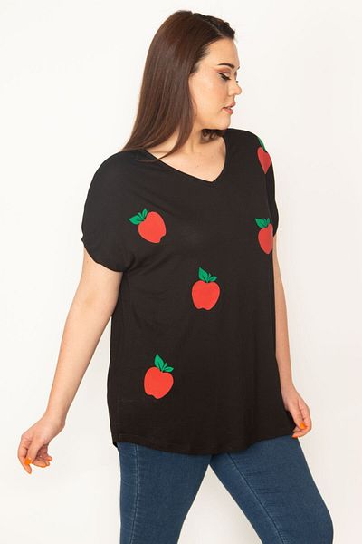 Şans Women's Large Size Black Printed V-Neck Low Sleeve Blouse 65n27641