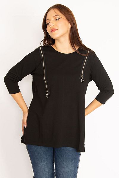 Şans Women's Large Size Black Ornamental Zippered Sweatshirt 65n34599