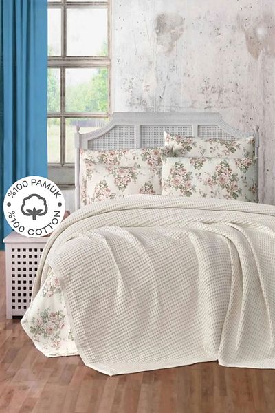 SUVAY 100% Cotton Cream Double Bedspread Pique, Waffle Pattern