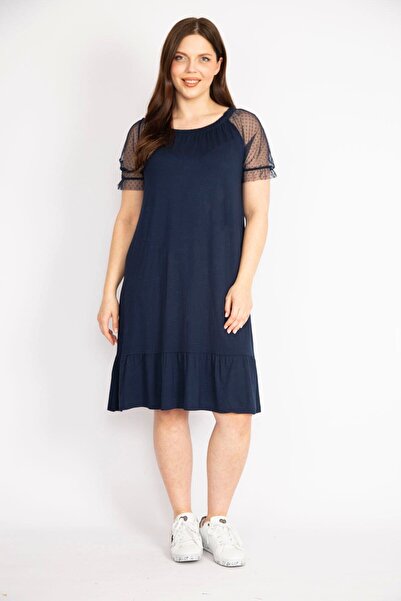 Şans Γυναικείο μπλε Navy μεγάλο μανίκι τούλι γιακά από καουτσούκ Λεπτομερής μύτη φούστας με στρώσεις 65n36289