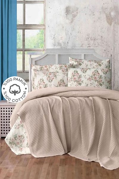 SUVAY 100% Cotton Brown Double Bedspread Pique, Waffle Pattern