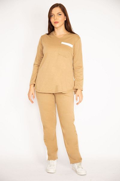 Şans Γυναικεία Plus Size Camel Μπλούζα και Παντελόνι με λαιμόκοψη 65n34658