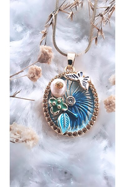 Serenity قلادة فنية من الفولاذ على شكل زهرة زرقاء مع لؤلؤ