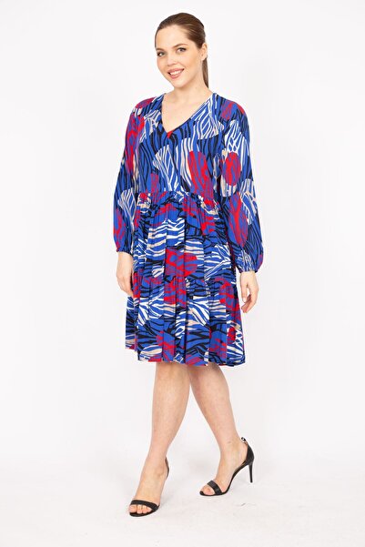 Şans Women's Saks Large Size Woven Viscose Fabric V-neck Layered Dress 65n35833