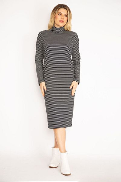 Şans Tekstil Women's Black Turtleneck Stripe Detailed Viscose Dress 85n7268