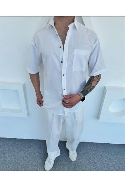 DEFES White Linen Men's Shirt Short Sleeve Summer Oversize