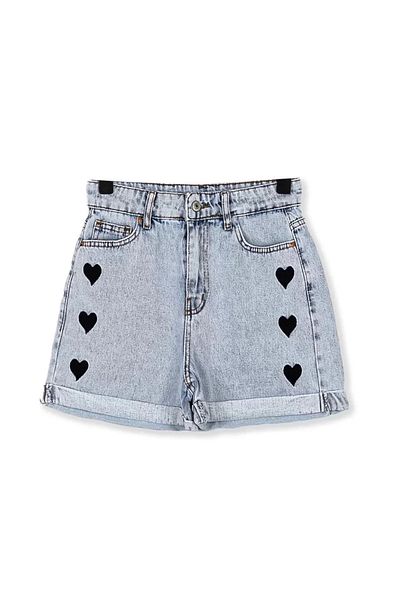 Bak Moda Pantaloni scurți din denim albastru gheață cu detaliu de broderie inimă