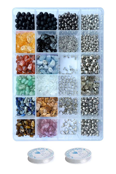 By MO Accessories Kırık Doğal Taş Ve Aparat Kutusu Seti Bileklik Kolye Boncukla Takı Yapma Seti Halhal Küpe