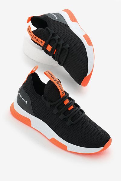 Tonny Black Unisex Μαύρο Πορτοκαλί Αναπνεύσιμο Ύφασμα Πολυ Σόλα Αθλητικά Παπούτσια με κορδόνια