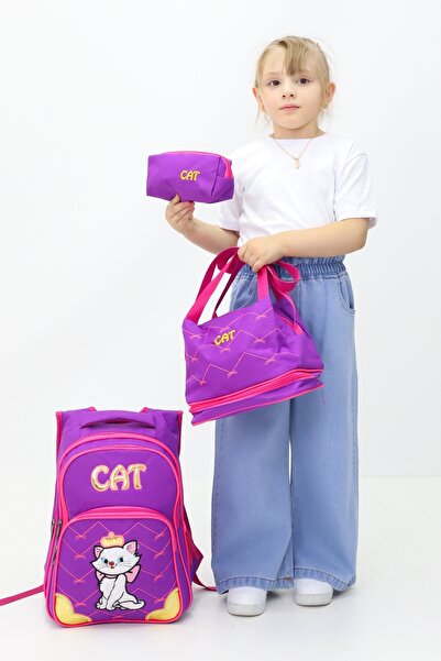 Probag Prenses Kedili 3'lü Kız Çocuk Okul Çanta Seti – (Sırt Çantası Termal Beslenme Kalemlik)