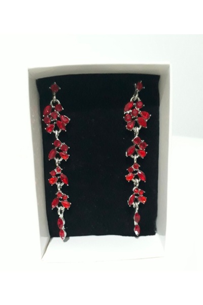 ER TAKI Kırmızı Taşlı Uzun Sallantılı Şık Nişan Kına Düğün Parti Abiye Küpe