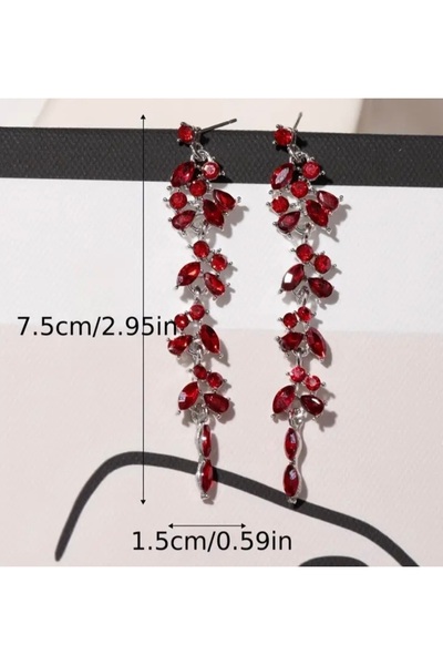 ER TAKI Kırmızı Taşlı Uzun Sallantılı Şık Nişan Kına Düğün Parti Abiye Küpe