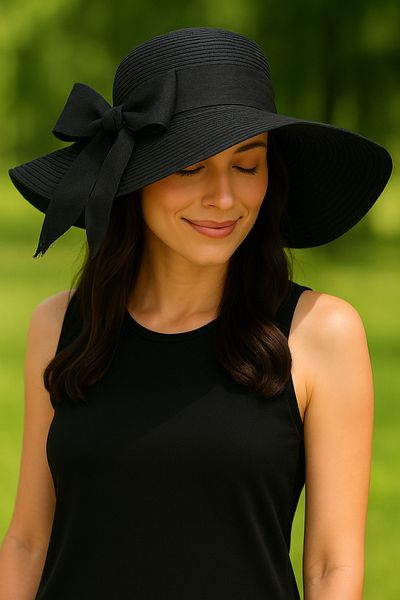 Avantaj Kapıda Hatiro Women's Wide Brim Hat • 43 cm Outer Diameter Summer Sun Hat • Ribbon Model Black