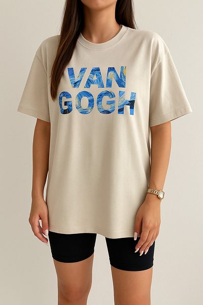 ocke Van Gogh Printed Loose Cut Oversize Off Shoulder T-Shirt
