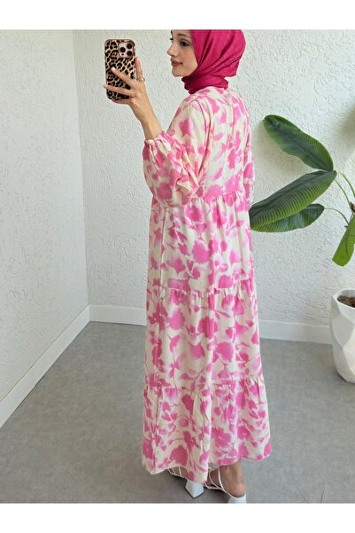 Modamorfo Φόρεμα με μοτίβο με μισό κουμπί με λαστιχένια μανίκια - Άνθος ρόδι