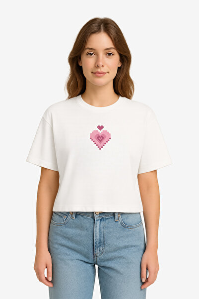 FANA Women's White T-Shirt Minimal Retro Heart Printed Summer Short T-Shirt