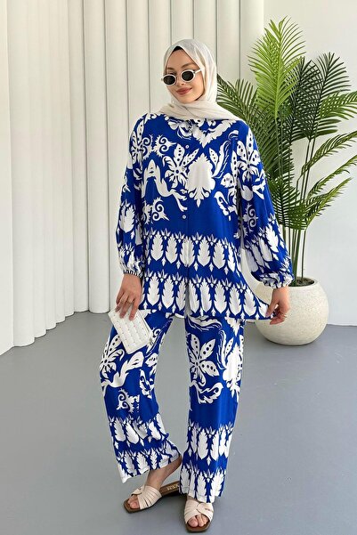 Modaensarbutik Etnik Desenli Viskon Kumaş Tesettür Takım-MAVİ