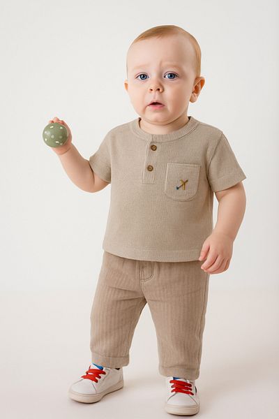 Uğur bebe Baby Boy Summer Suit 95% Cotton Beige Button Shirt with Pockets T-Shirt Woven Pants Suit