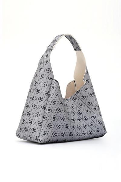 SHAKA Monogram Printed Gray Shk19 Faux Leather, Snap Closure, Single Compartment, Zippered Makeup Bag, Hand, Arm and Om