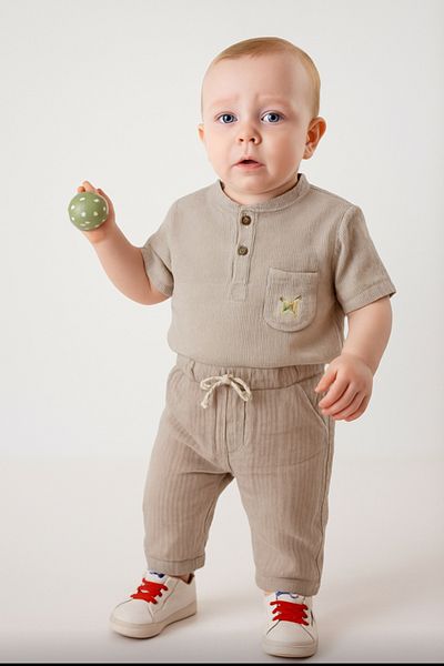 Uğur bebe Baby Boy Summer Suit 95% Cotton Beige Button Shirt with Pockets T-Shirt Woven Pants Suit