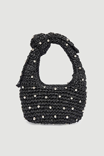 Luminos Butik Πλεκτή στο χέρι Μαύρη Ψάθινη Τσάντα με Πέτρινη Λεπτομέρεια 18x2...