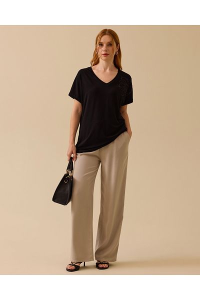 SEÇİL Women's V-Neck Embroidered Combed Cotton Blouse - Black