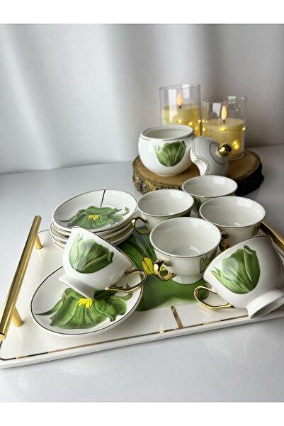 Moon Dizayn 15 PARÇA PORSELEN TEPSİLİ ŞEKERLİKLİ 6 KİŞİLİK FİNCAN TAKIMI SUNUM TEPSİSİ SETİ