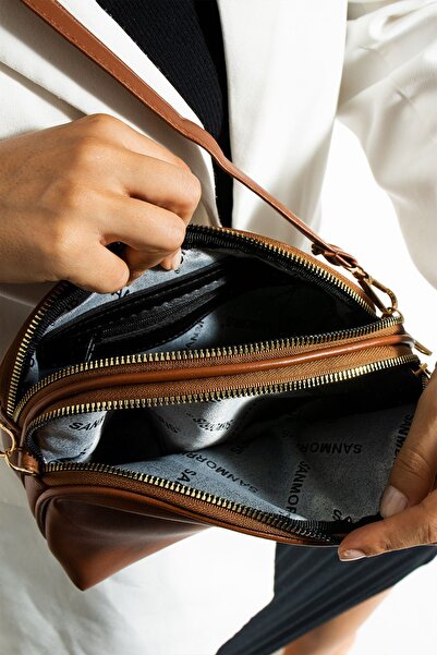 Sanmorris Women's Cross Strap 3 Compartment Double Metal Zipper Gold Accessory Shoulder Bag