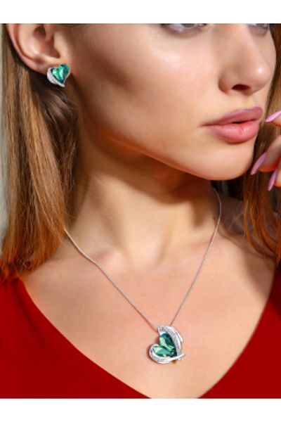 Kelan Set Silver Necklace Pendant Earrings With Swi Elements Big Heart Royal Green