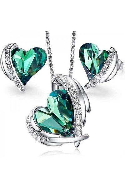 Kelan Set Silver Necklace Pendant Earrings With Swi Elements Big Heart Royal Green
